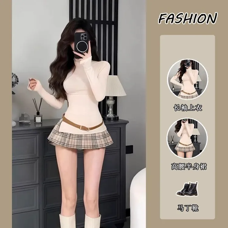 套装女2025秋季纯欲辣妹修身不规则长袖T恤上衣高腰半身裙两件套