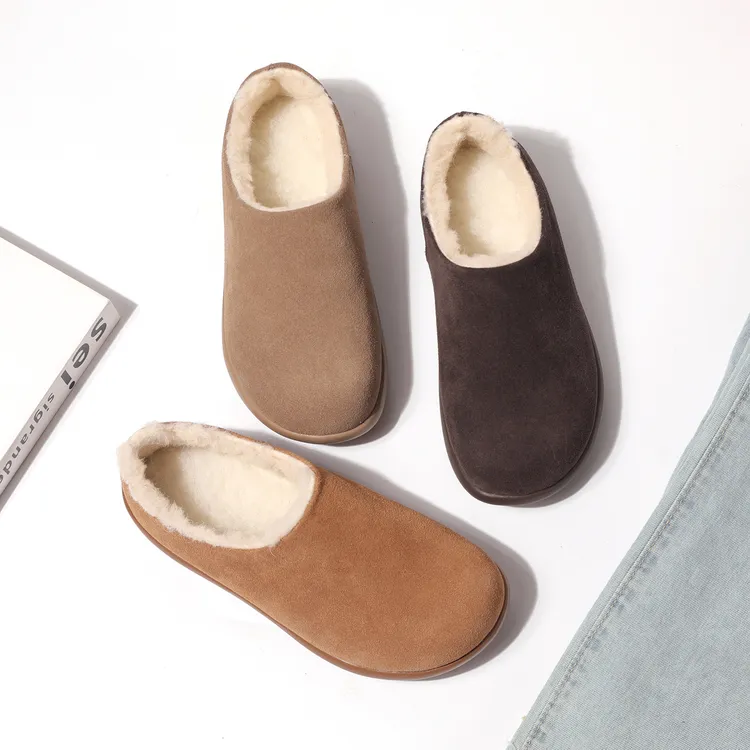 一脚蹬加绒女款冬季羊毛一体真皮牛皮勃肯鞋加厚雪地靴保暖极简风