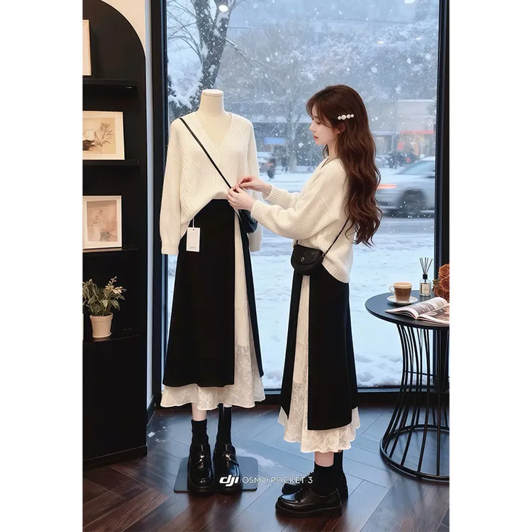 大码奶fufu毛衣套装女秋冬减龄V领显瘦针织上衣拼接半身裙两件套