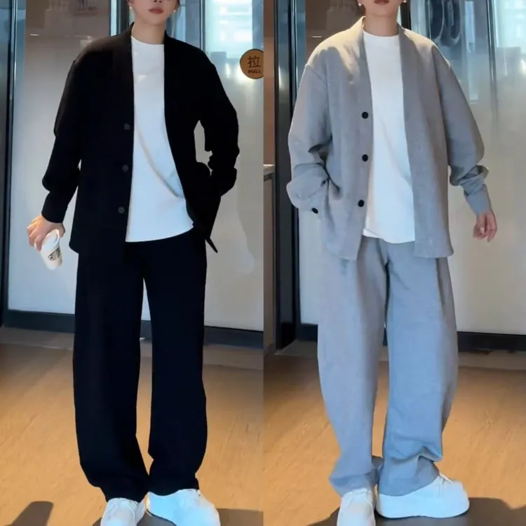 秋季复古慵懒风两件套开衫宽松休闲外套显瘦压褶休闲裤套装
