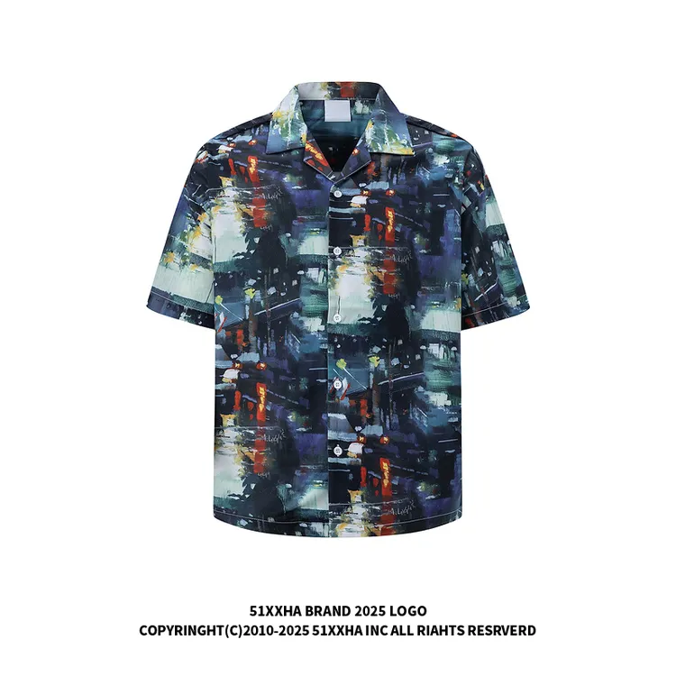 51嘻哈复古港风街景油画满印短袖衬衫男夏季潮牌个性宽松休闲衬衣