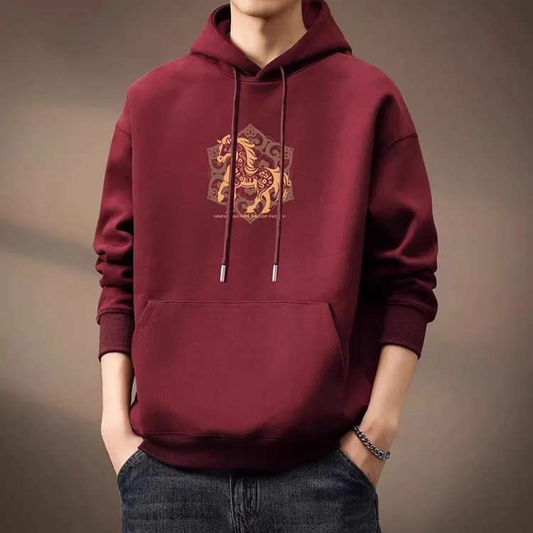 仓石一树马年本命年酒红色连帽卫衣男士秋冬新款加绒宽松百搭上衣