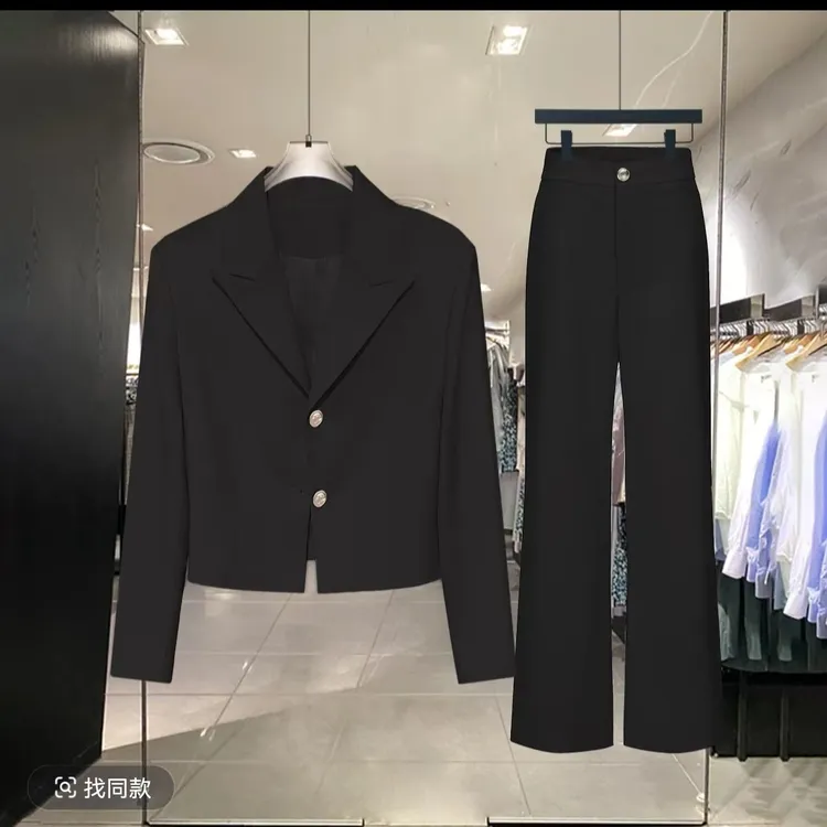 2025春季新款洋气西装套装女装短外套+显高阔腿长裤两件套装