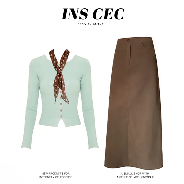 INS CEC韩系绿色短款长袖针织衫2025早秋高腰显瘦中长半裙套装