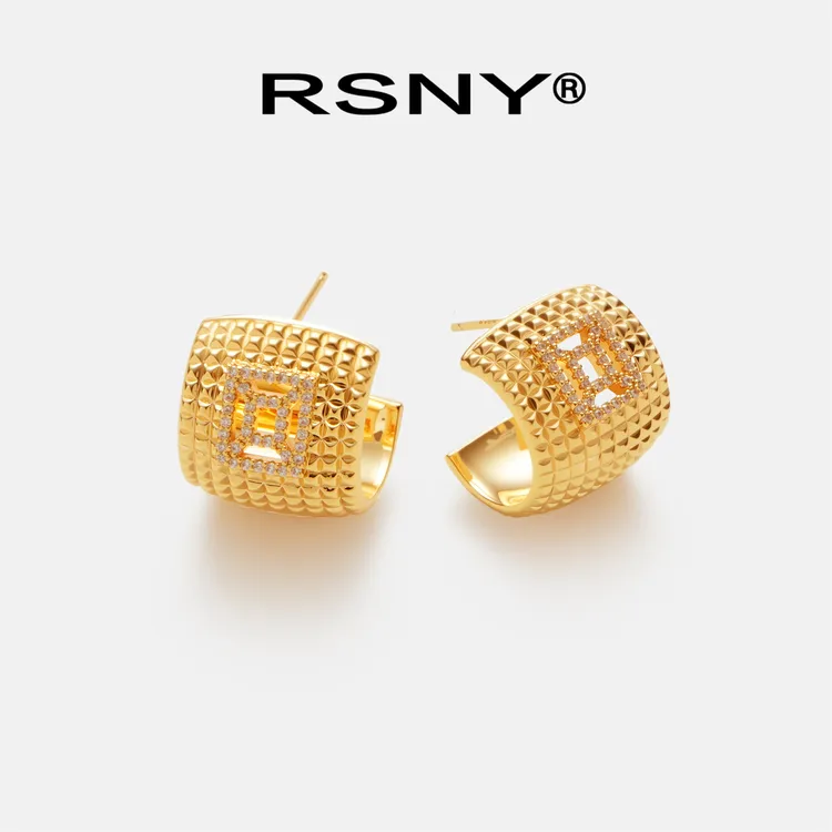 铜合金合成锆石耳饰 [新品]RSNY钻纹宽耳环金色女士轻奢独特设计