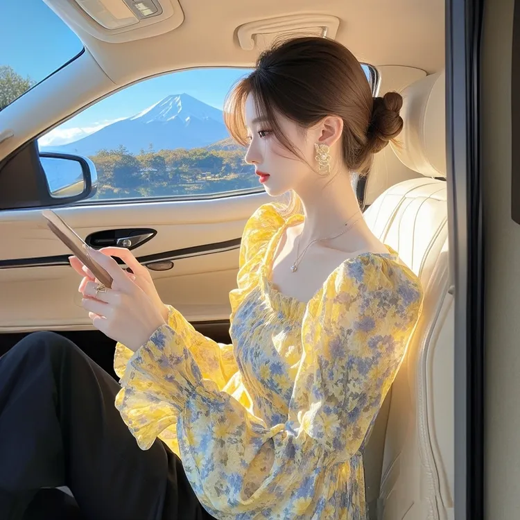 2025年秋季时尚新款漂亮小衫高级感轻奢减龄洋气法式黄色碎花衬衫