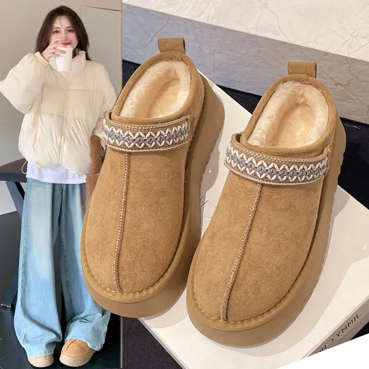 女款民族风雪地靴厚底一脚蹬半拖鞋冬季加绒加厚2025新款面包棉拖