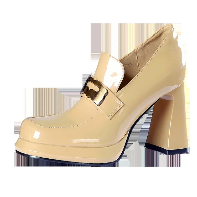 高跟鞋女2024年秋季新款金属扣小码方头乐福鞋厚底粗跟防水台单鞋