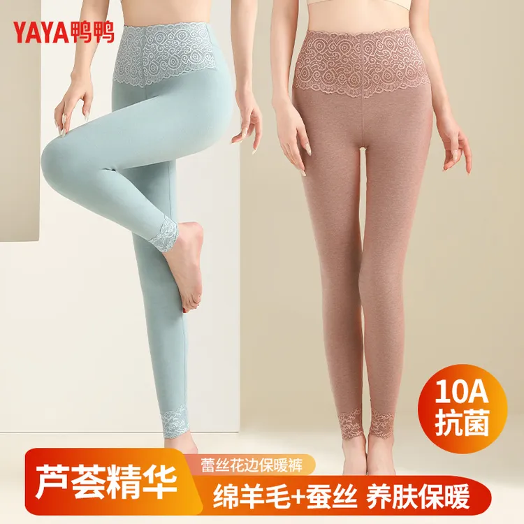 YAYA鸭鸭羊毛桑蚕丝高腰蕾丝收腹女紧身打底保暖裤秋冬季内穿5203
