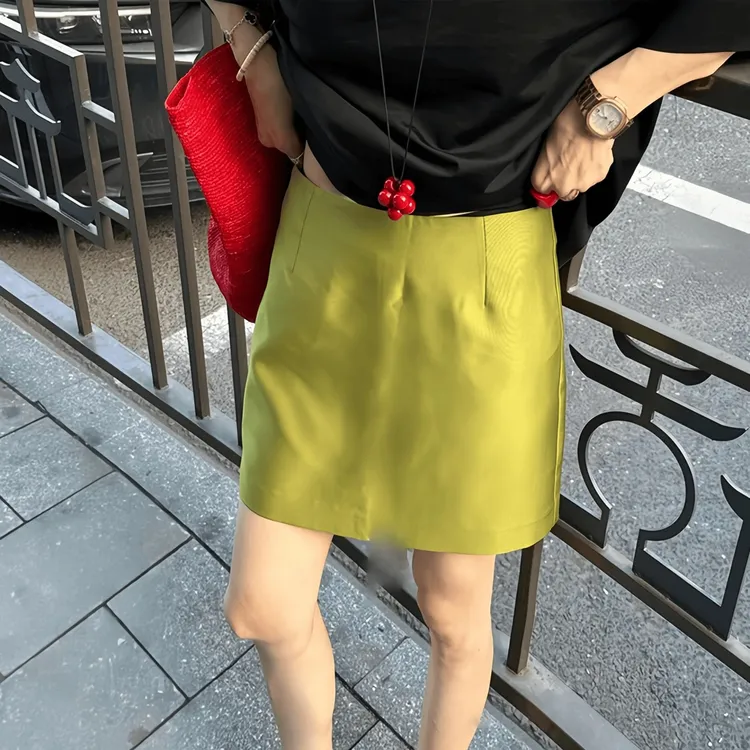 休闲风高腰短裙常规半身裙半裙小众裙子绿色显瘦气质百搭半身裙