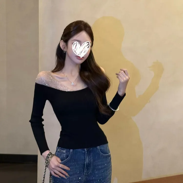 (升级面料)【极光梦境】纯欲设计感重工烫钻气质修身长袖显瘦上衣