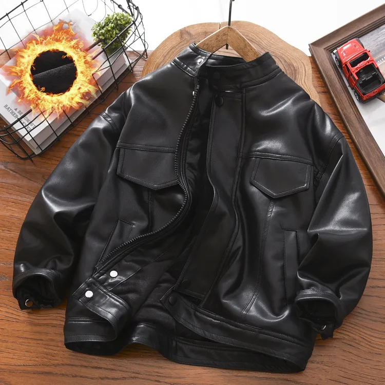 男童皮夹克秋冬季2025新款中大童加绒加厚男孩儿童洋气炸街外套潮