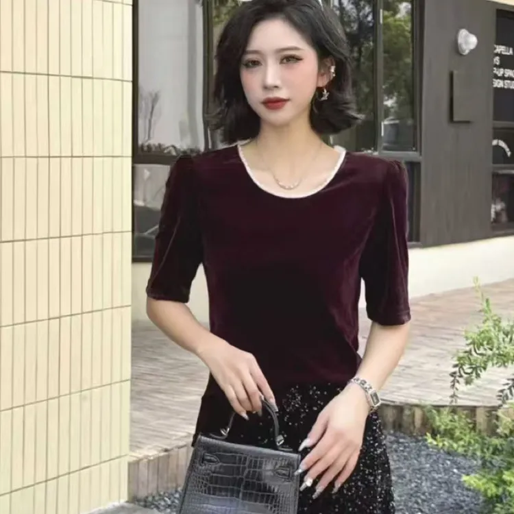 金丝绒时尚修身显瘦百搭洋气中袖打底衫