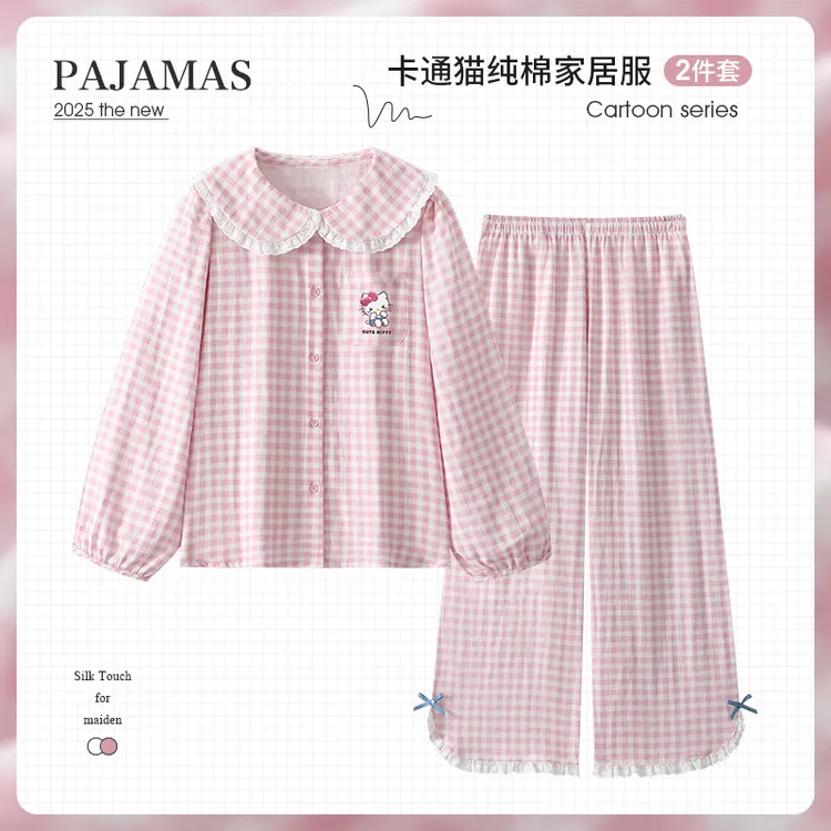 韩系粉色格子睡衣女春秋纯棉长袖甜美娃娃领可爱卡通家居服可外穿