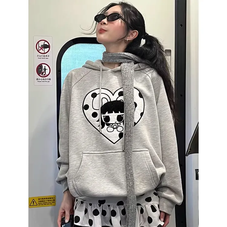 美式韩系卡通印花加绒连帽卫衣女装冬季2025新款慵懒宽松百搭上衣
