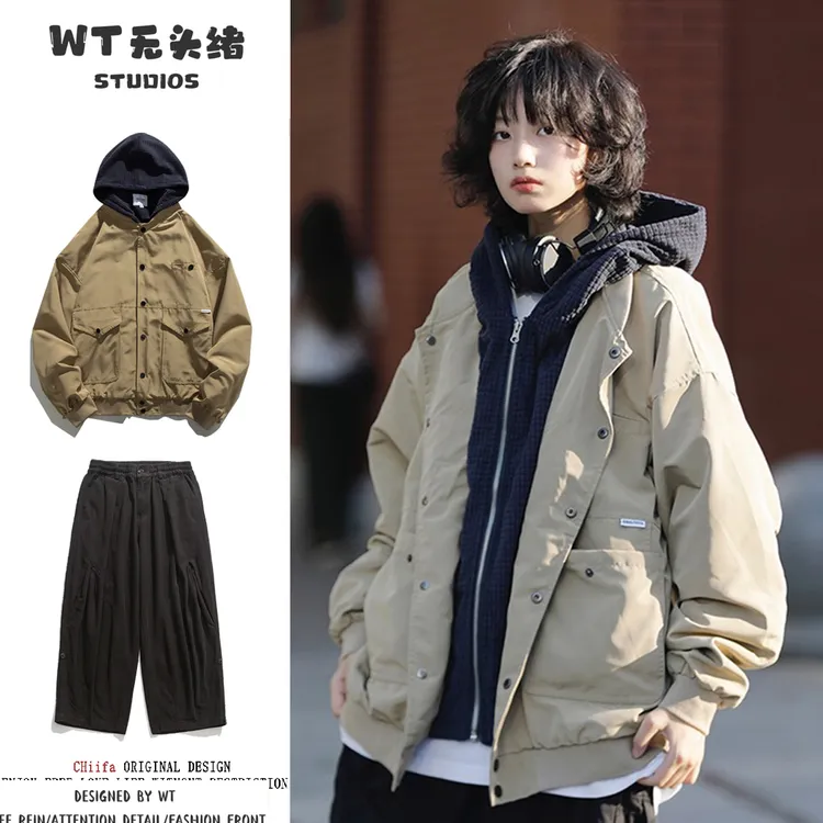 @WT无头绪两件装/单件日系复古连帽工装夹克男女假两件多口袋外套