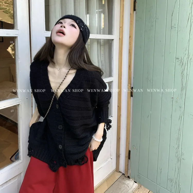 【秋日巨爱】黑色毛衣开衫外套女秋冬新款宽松慵懒风针织开衫