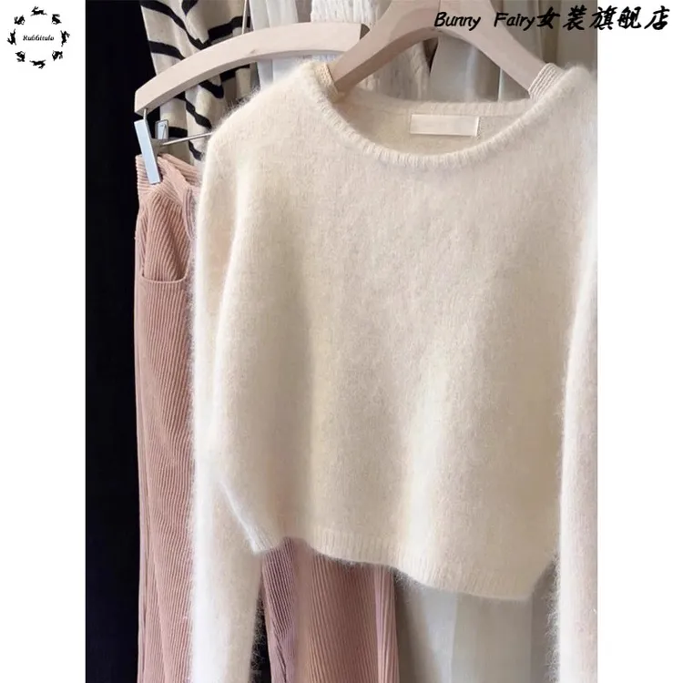 小香风白色质量好慵懒短款圆领毛衣女秋冬加厚软糯内搭针织衫上衣