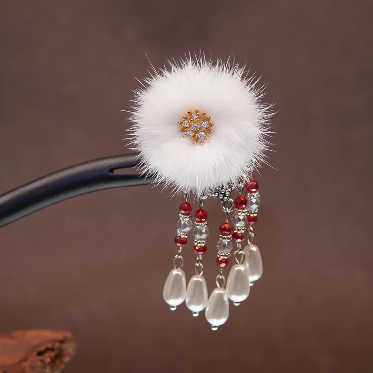 15厘米黑檀木盘发簪子毛毛绒红色流苏步摇精致双面款AB面