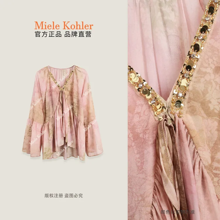 夏季新款重工亮片印染设计V领长袖小衫MKAX82643【I澳门小源同款】