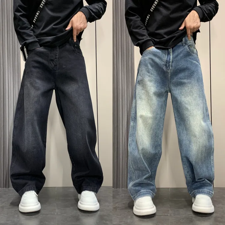 秋冬新款加绒男士宽松直筒牛仔裤高档黑色牛仔裤痞帅潮流阔腿裤男