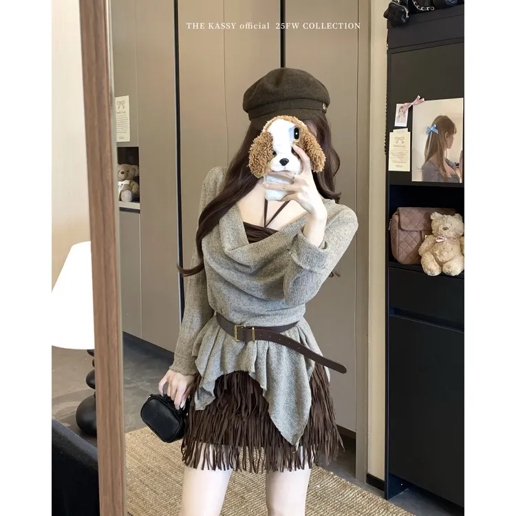 美拉德辣妹荡领不规则上衣内搭挂脖背心套装女流苏A字半裙三件套