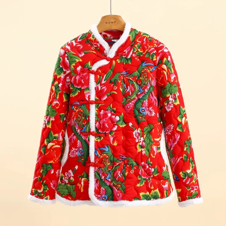 2025冬季棉衣女士盘扣棉服外套中国风宽松长袖上衣东北大花棉袄