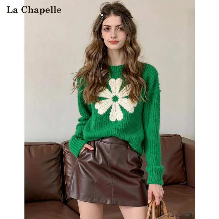 拉夏贝尔绿色花朵粗线毛衣2025秋季复古软糯宽松高级打底针织衫女