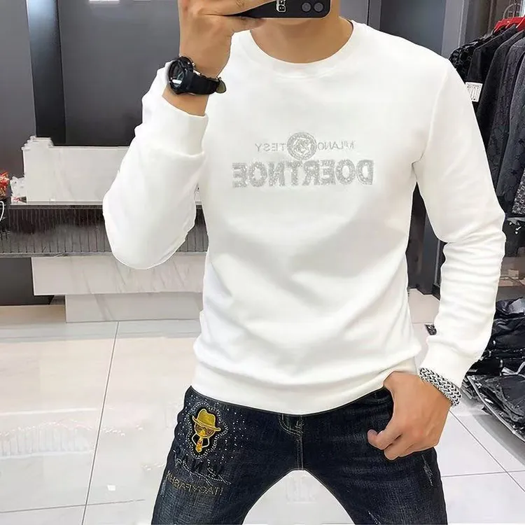 欧洲站2025秋冬新款烫钻卫衣男时尚百搭白色内搭打底衫圆领上衣服