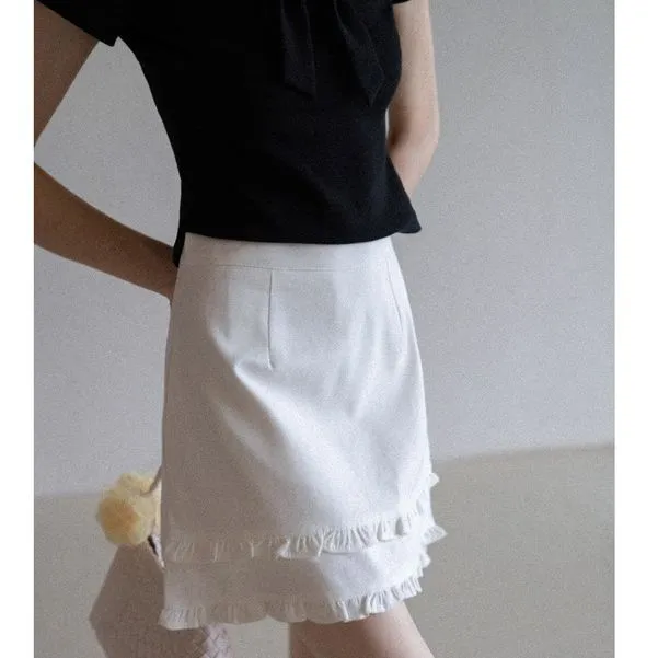 EGGKA 双层花边A字半身裙女夏季气质显瘦通勤高腰短裙E25B3781AF