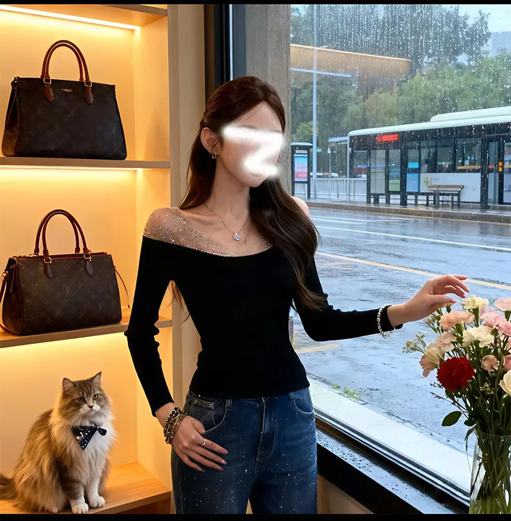 “极光梦境”女纯色休闲风长袖烫钻辣妹风T恤洋气黑色方领小众