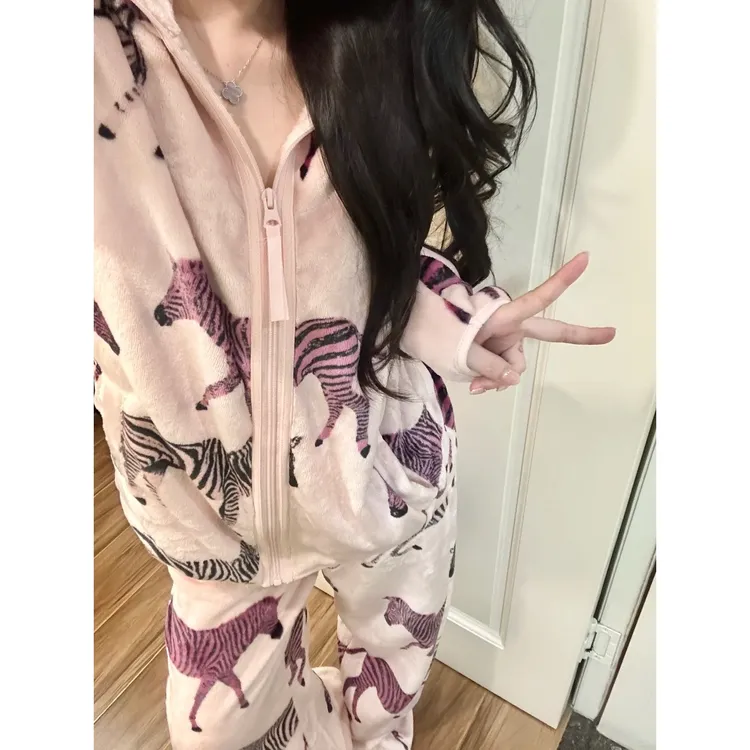 法式甜酷粉底斑马法兰绒睡衣女冬季新款加厚加绒套装家居服可外穿
