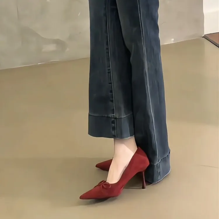 羊皮版~红色真皮气质高跟鞋女春秋新款细跟尖头蝴蝶结浅口单鞋