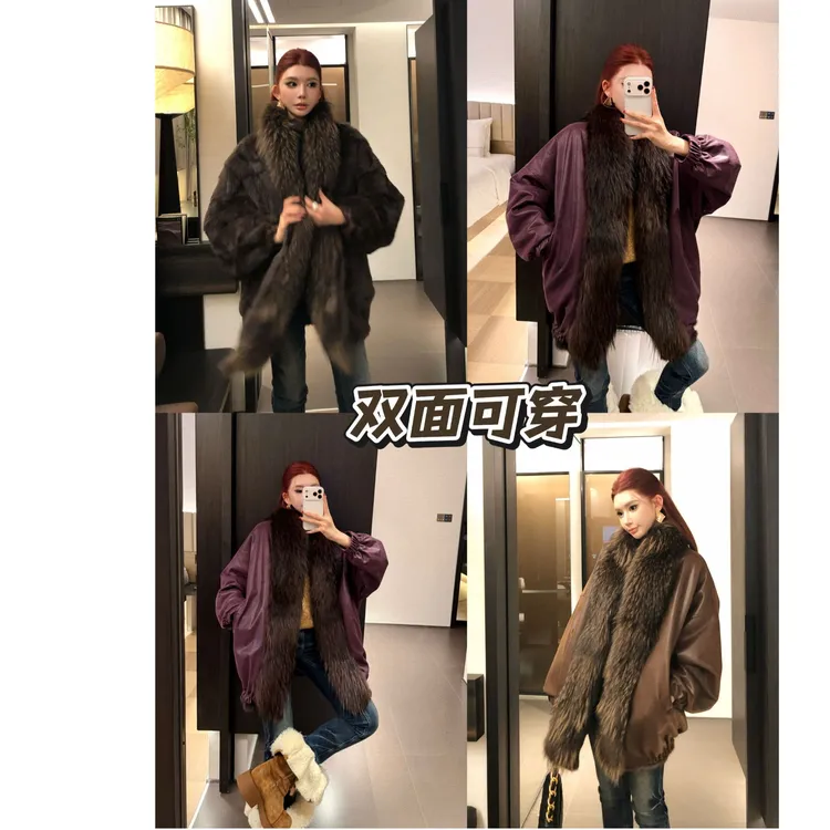 婉君【双面穿皮草外套】 ”貉子毛领“麂皮绒or兔毛“外套LWJ25D4C4546