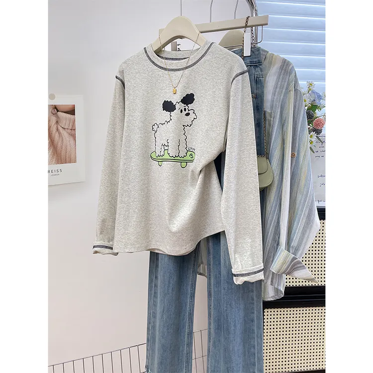 美式卡通狗狗印花撞色明线设计感百搭长袖T恤女秋季宽松内搭上衣