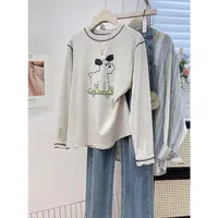 休闲减龄可爱卡通图案印花长袖T恤女早秋设计感撞色明线圆领上衣