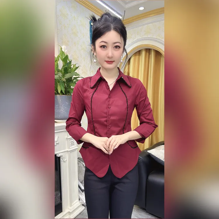 1101）雅伊裳品家2025年早秋新款高品质重工艺串珠衬衫女显瘦气质