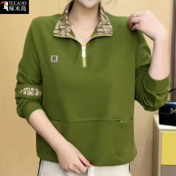 啄木鸟减龄拼色大码显瘦女装2025年新款立领半拉链春秋季长袖上衣