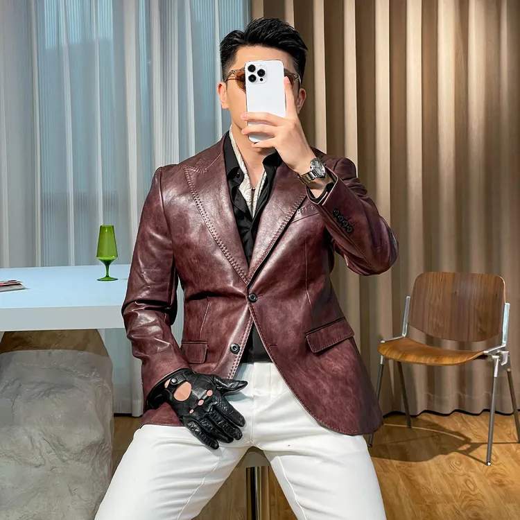 2025秋季新款便西外套高级痞帅蛋白皮西服男士休闲西装YJ80010