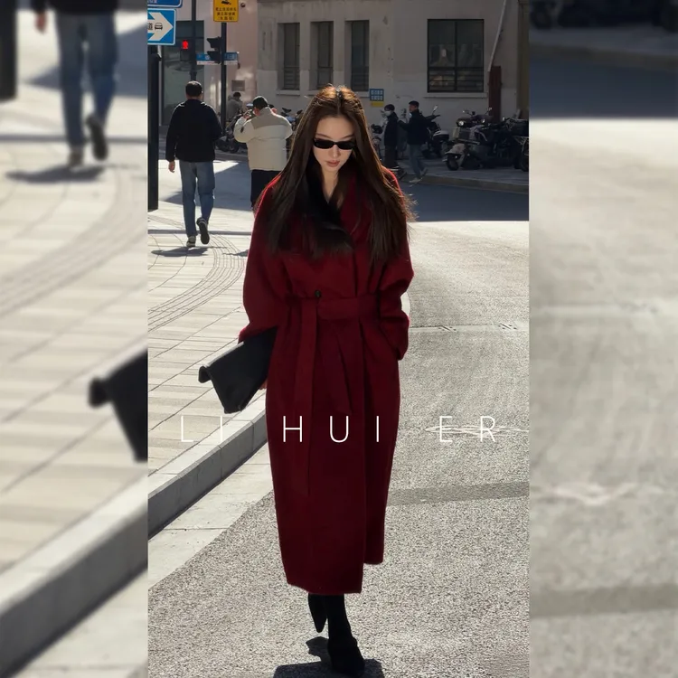 LiHuiEr李慧儿【微醺玫瑰】2025冬季时尚湛红色大衣外套LL0251354
