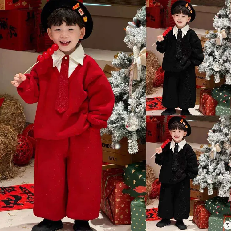 儿童拜年男童学院风加绒加厚套装宝宝过年服假两件细闪领带两件套