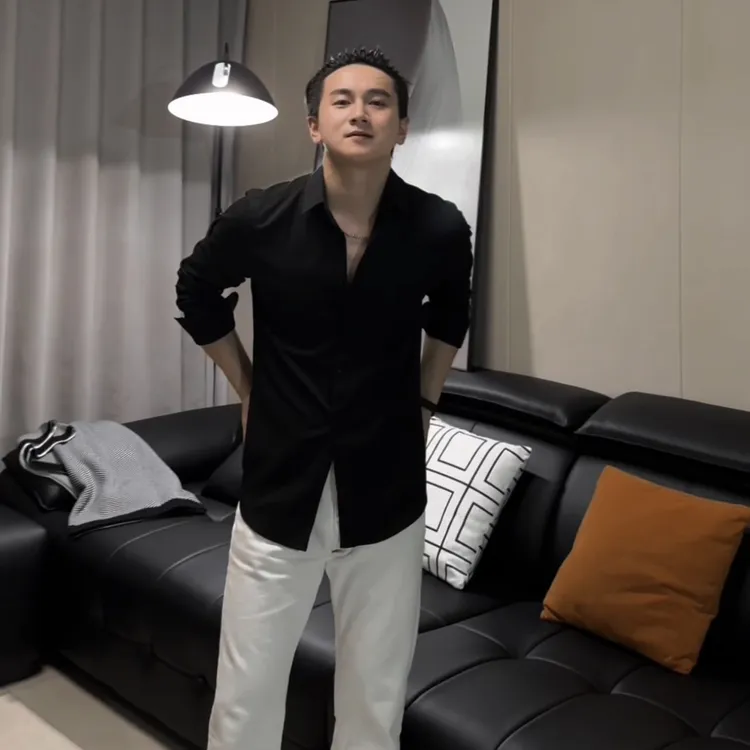 男士长袖商务休闲修身立领白色衬衫春季上衣高级感穿搭