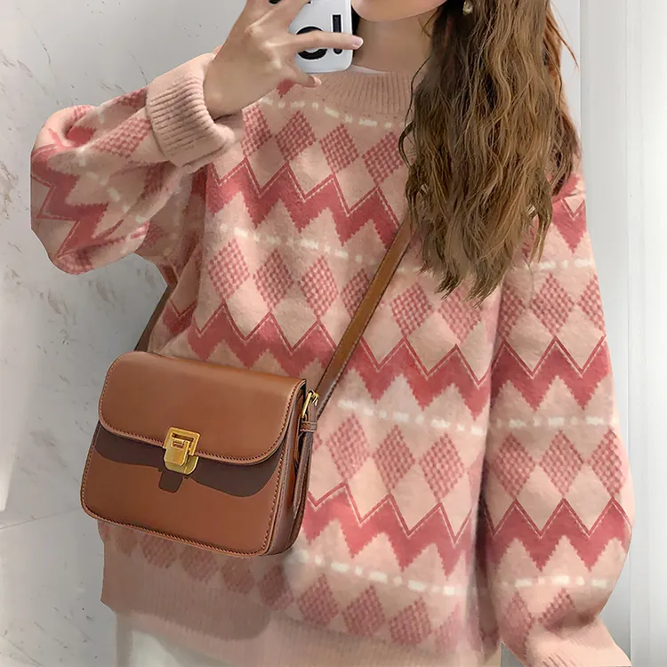 2M449 唐狮秋冬季毛衣女超好看复古几何圆领套头毛衣慵懒风高级感