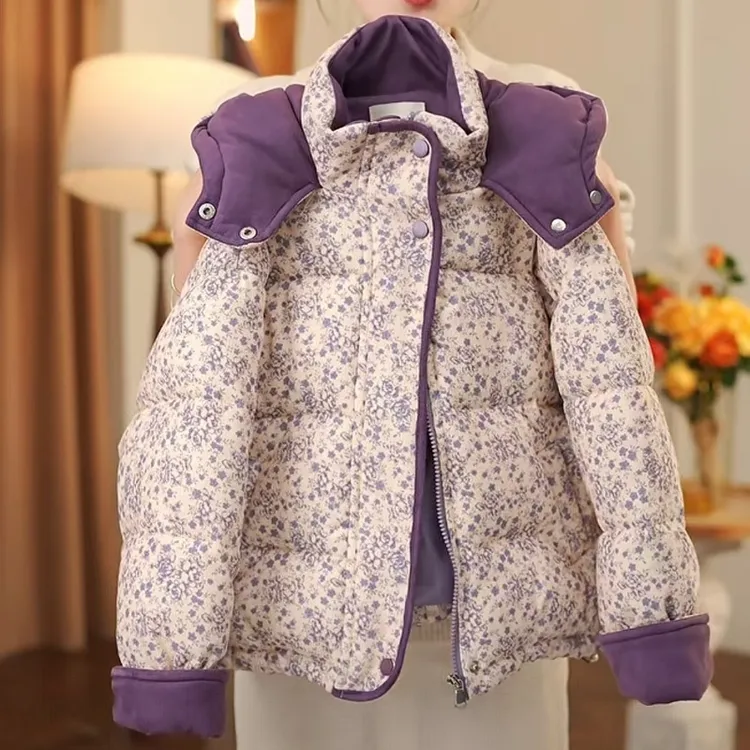 女童碎花加厚棉服冬季2025新款儿童连帽棉衣韩版女孩百搭外套洋气