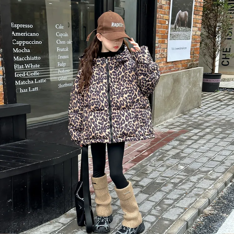 女童豹纹棉服冬装2025新款洋气加厚双面穿棉袄中大童冬季棉衣外套