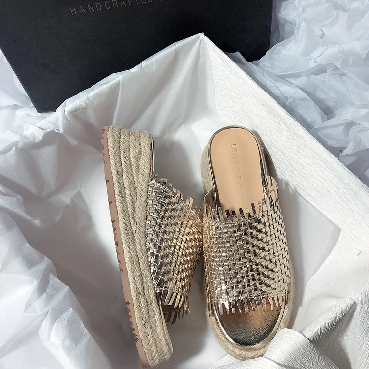 森屿海巷 纯手工编织真皮露趾拖鞋慵懒风厚底圆头中跟一脚蹬凉鞋