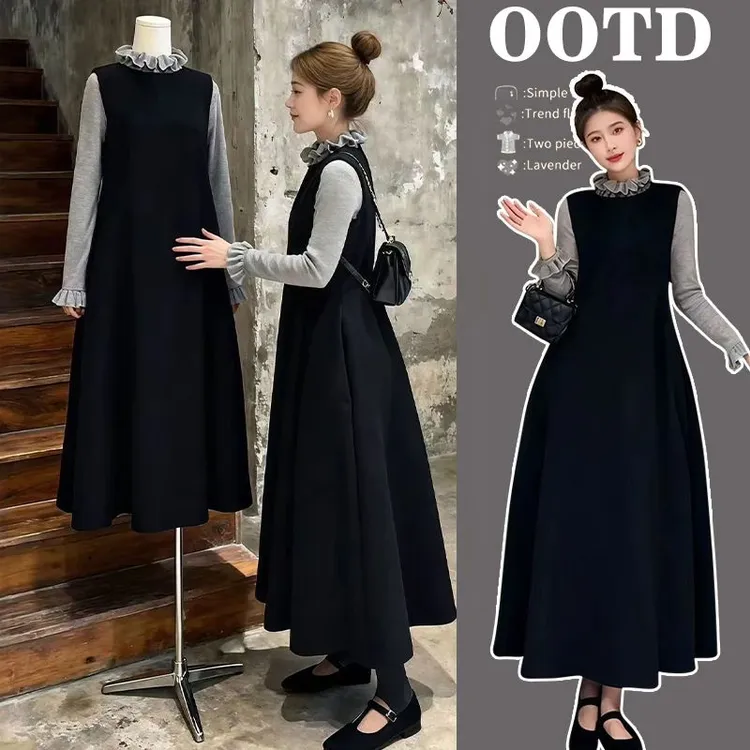 孕妇装秋冬套装新款时尚韩版气质荷叶边针织打底衫显瘦毛呢背心裙