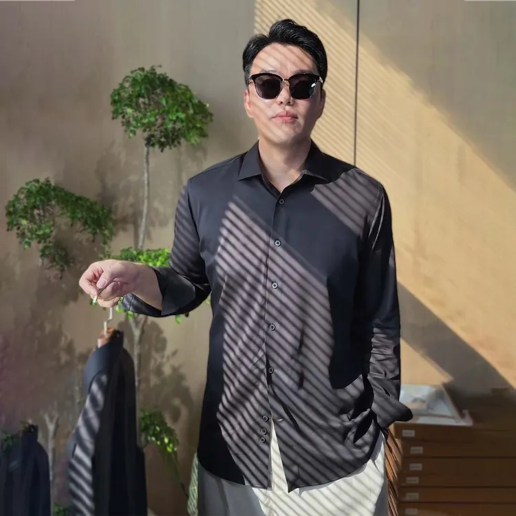 PUGER/普格尔老钱风黑色桑蚕丝轻奢衬衫男士长袖透气速干纯色休闲