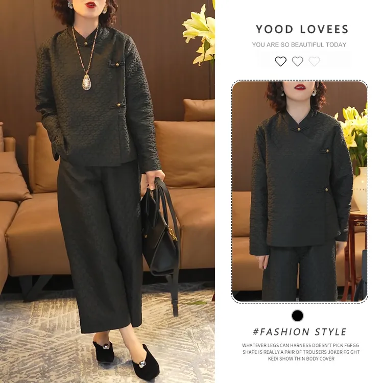 2025春秋新款女装设计感新中式斜襟扣花朵上衣高腰显瘦长裤套装女