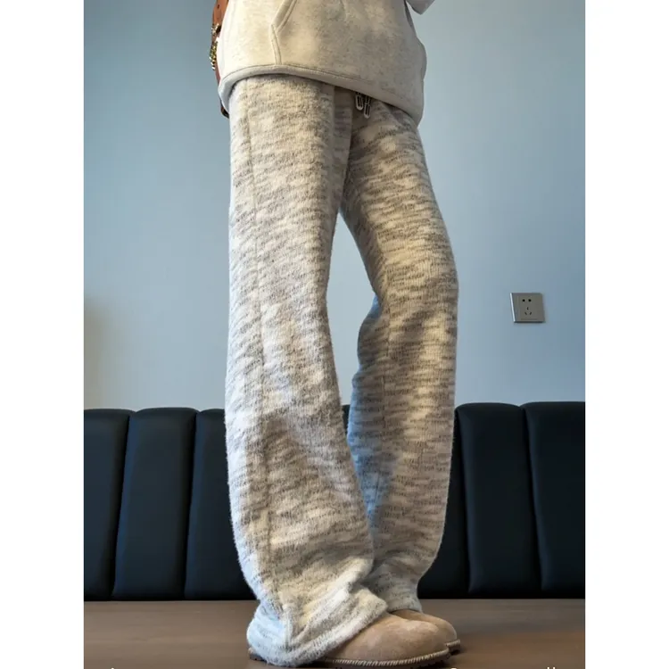 cleanfit小香风加绒裤子男秋冬美式慵懒风马海毛针织裤直筒休闲裤